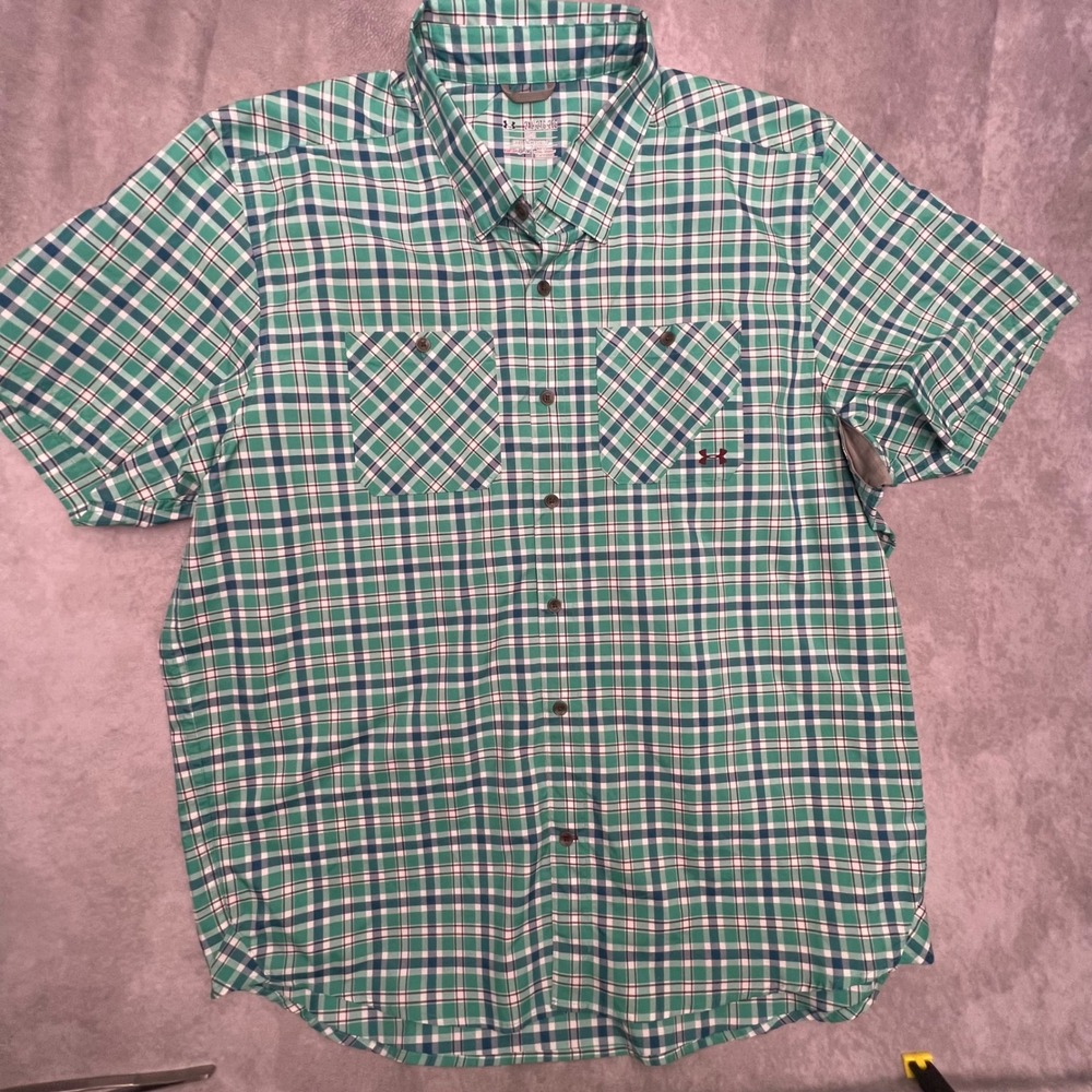 Under Armour Button Down Shirt Mens 2XL Green Excellent HeatGear Plaid Short Slv